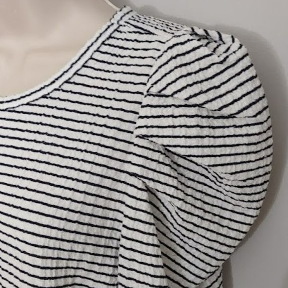LOFT Black and White Striped Pleated Puffy Shoulder Long Sleeve Top Medium - Picture 8 of 12